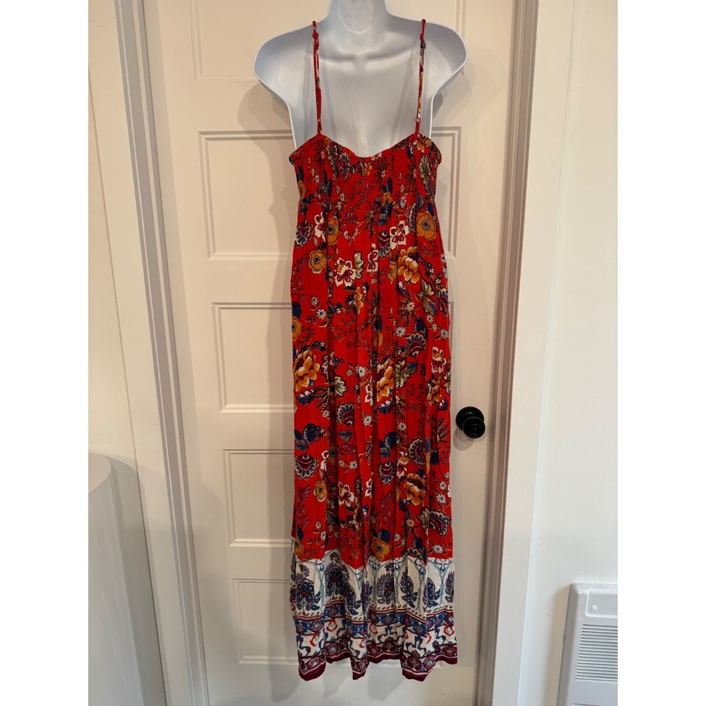 Patrons of Peace Red Floral Boho Maxi Dress Crochet Trim Smocked Back Medium - Picture 3 of 7